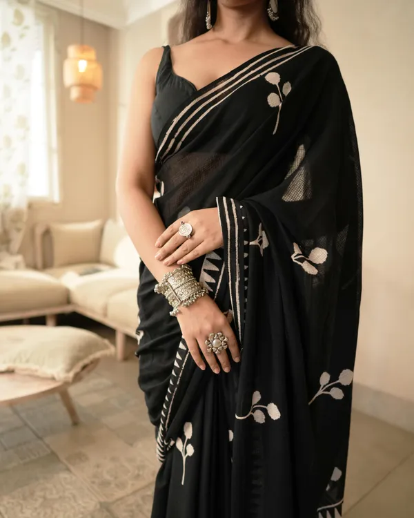 Multicolour_Cotton_Leaf_Block_Print_Moonga_Saree_With_Tassels_For_Women